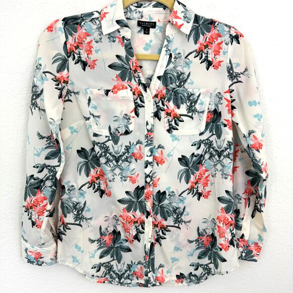 Talbots Women's Nantucket Size P Tropical Floral Button Front Blouse Coral - Picture 1 of 6